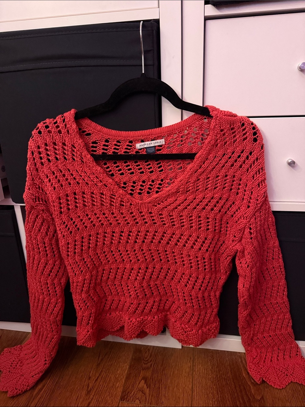American Eagle Open-Knit V-Neck Sweater - Coral
